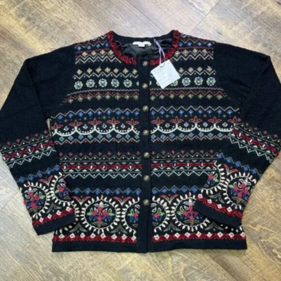 NEW Carson Sweater Cardigan Coat Black Floral Embroidered Womens Small Wool - Picture 1 of 9